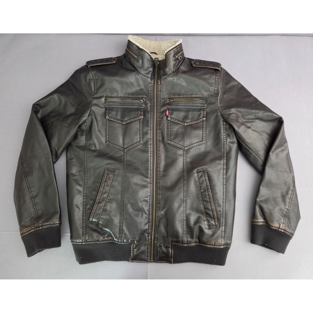 Levi's Jacket Mens Medium Brown White Sherpa Lined Aviator Bomber Faux Leather